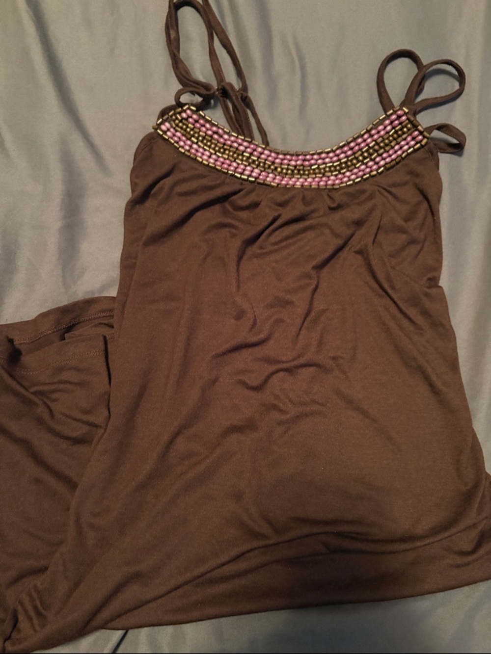 Beaded Brown Sleeveless Mini Dress 26” pit to hem